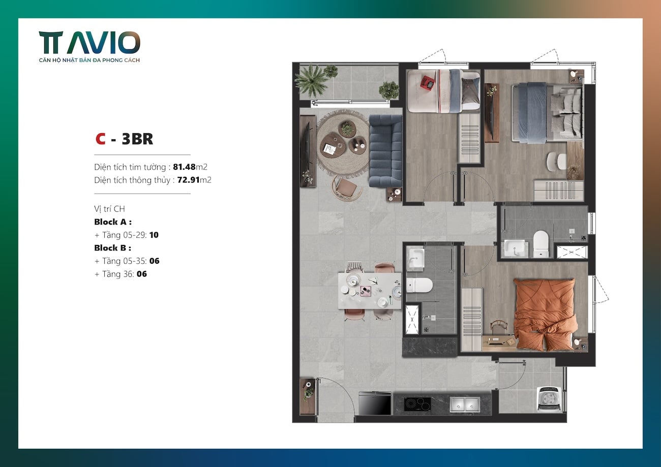 Layout thiết kế căn hộ 3 phòng ngủ TT Aivo Dĩ An điển hình