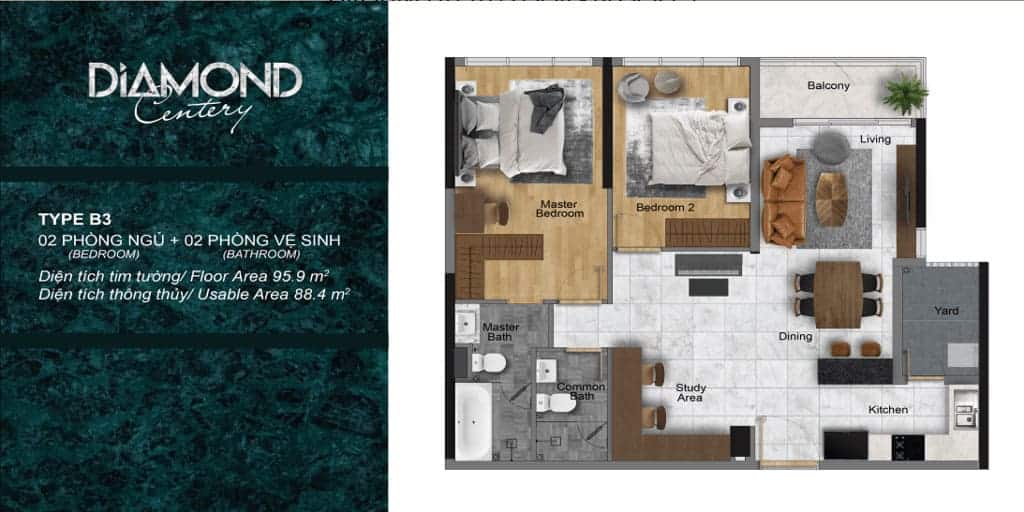 Layout thiết kế căn hộ Diamond Centery 2 phòng ngủ 2wc có diện tích 95m2.