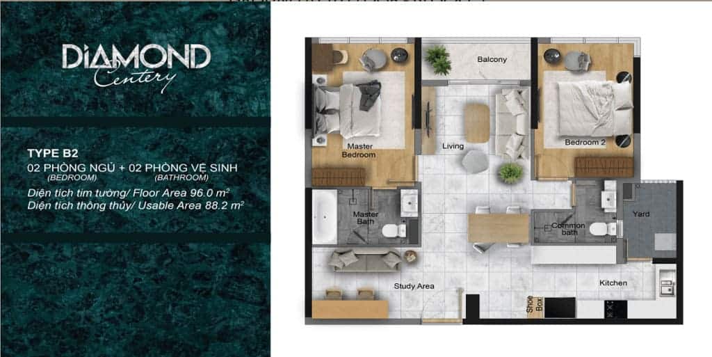 Layout thiết kế căn hộ Diamond Centery 2 phòng ngủ 2wc có diện tích 96m2
