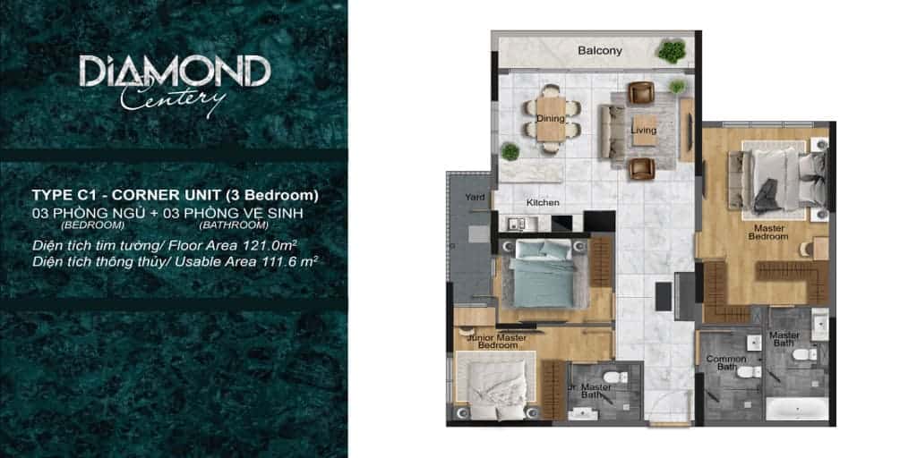 Mặt bằng thiết kế căn hộ Diamond Centery 3 phòng ngủ 121m2