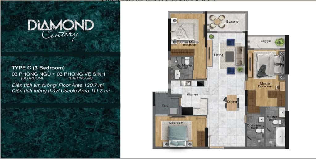 Layout thiết kế căn hộ Diamond Centery 3 phòng ngủ, 3 wc có diện tích 120m2.