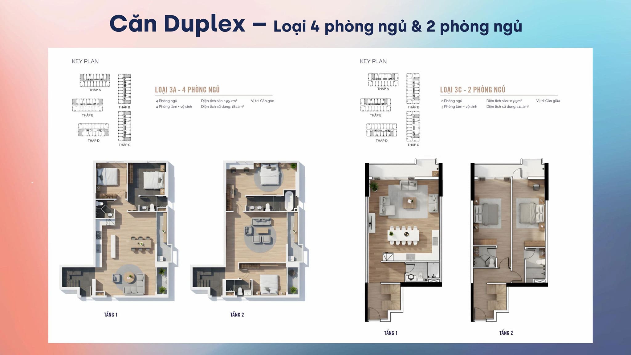Layout thiết kế căn hộ dulex loại 4 phòng ngủ và 2 phòng ngủ dự án MT Eastmark City