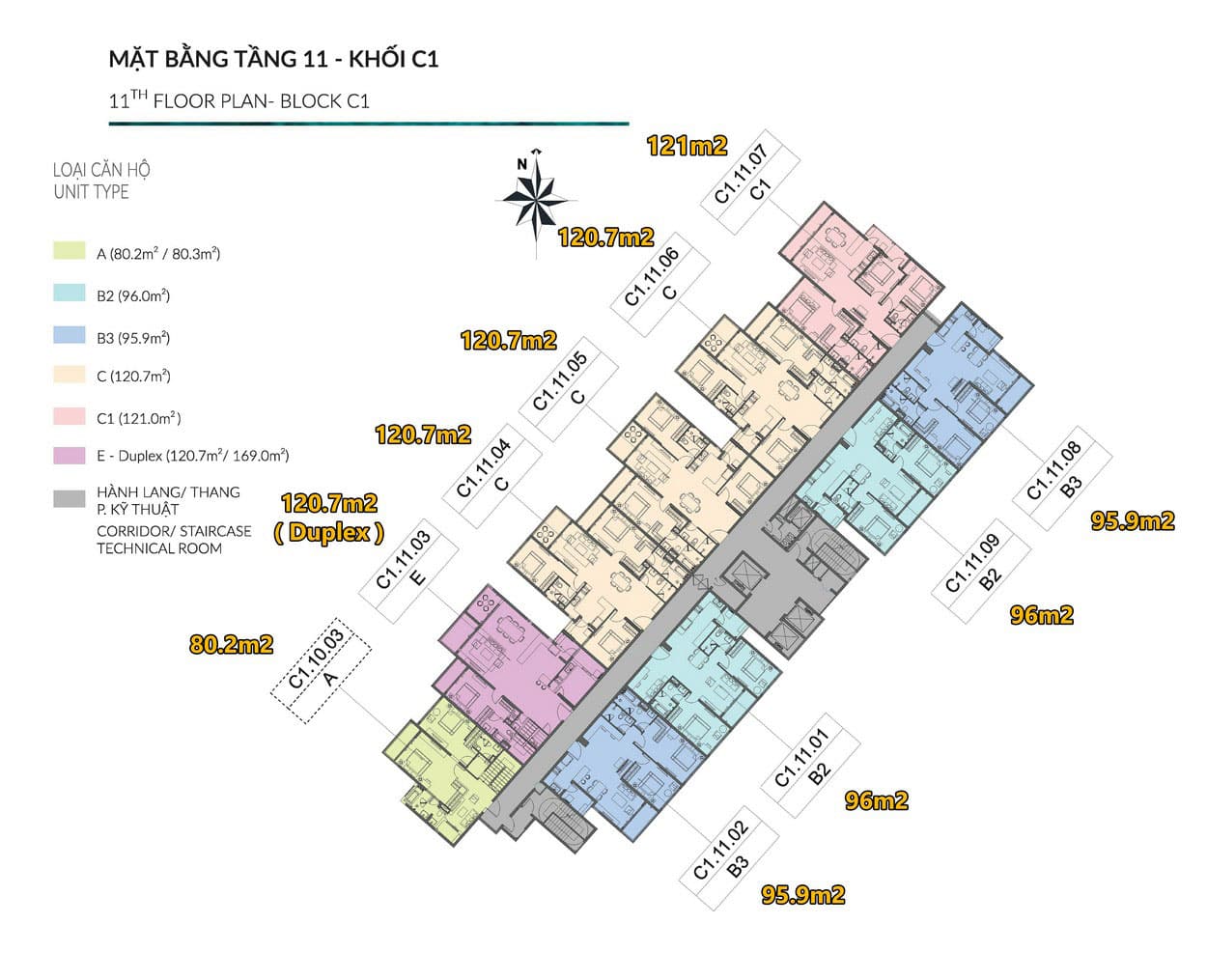 Mặt bằng điển hỉnh tầng 11 tháp C1 Diamond Centery