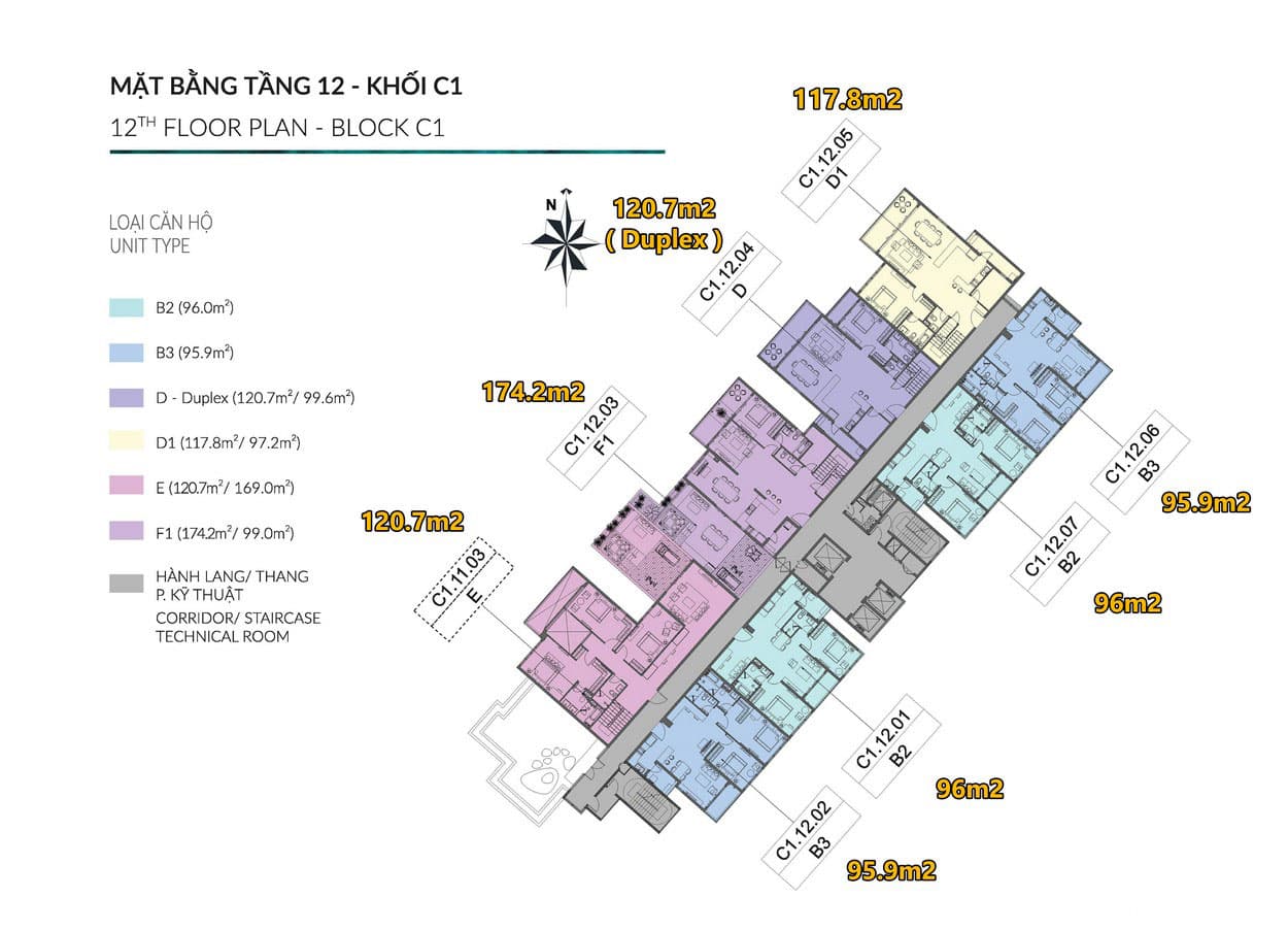 Mặt bằng điển hỉnh tầng 12 tháp C1 Diamond Centery