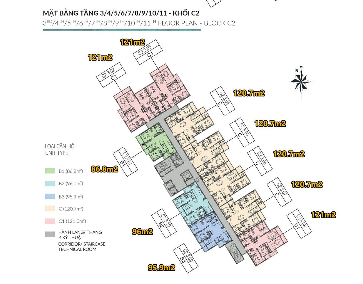 Mặt bằng điển hỉnh tầng 3 - tầng 11 tháp C2 Diamond Centery