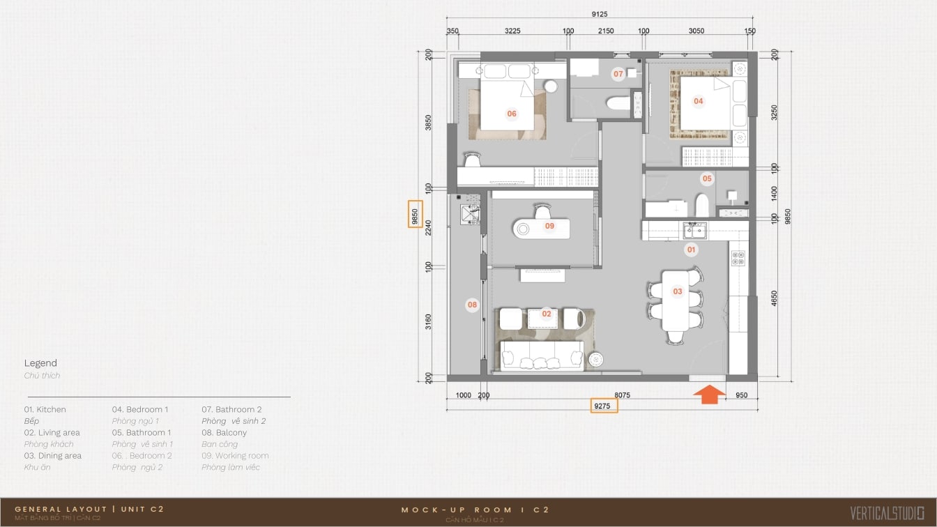 Thiết kế 2 phòng ngủ góc The Aspira Thiết kế 2 phòng ngủ góc The Aspira