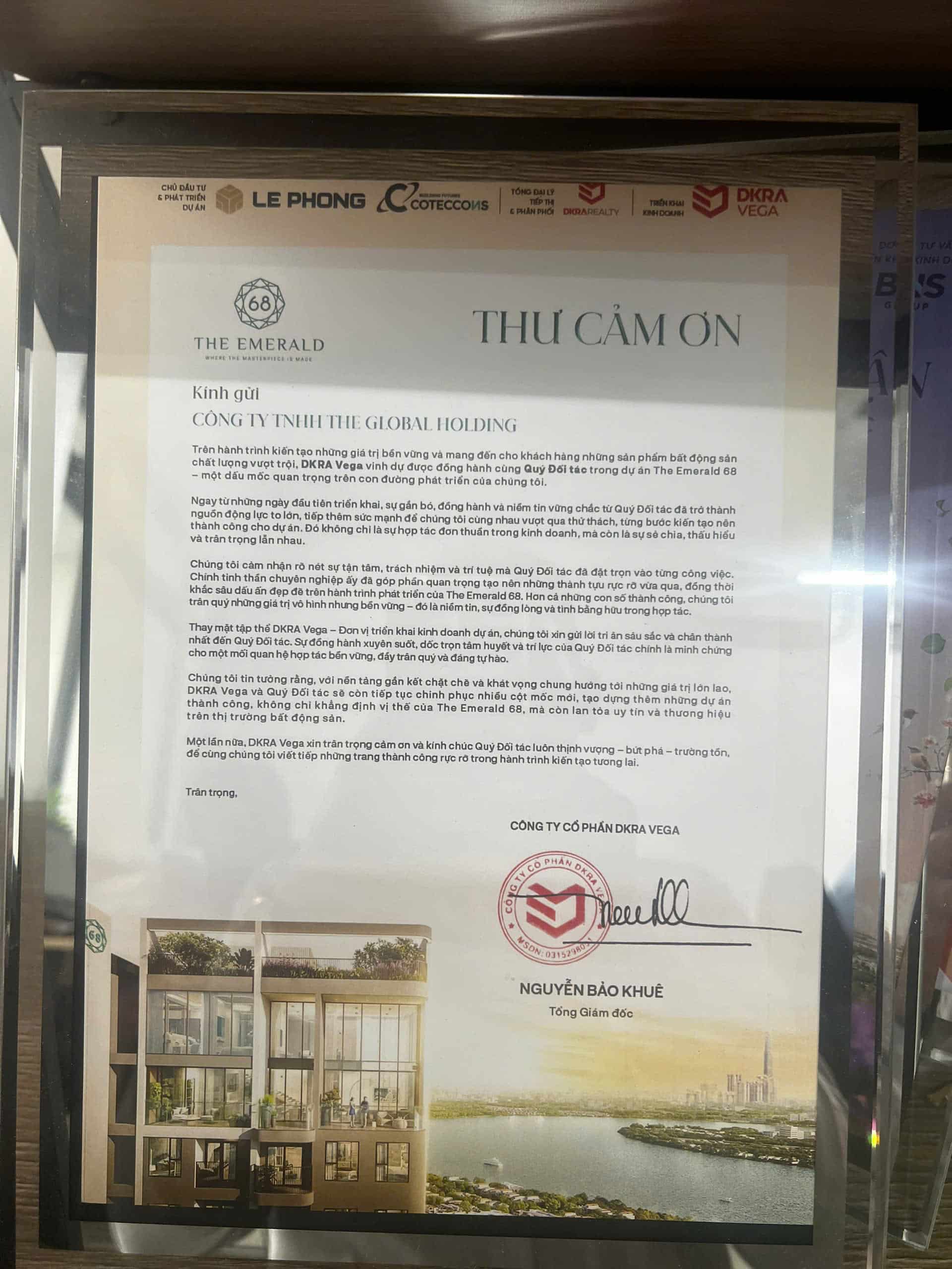 Giấy chứng nhận The Global Holding là đại lý phân phối dự án The Emerald 68