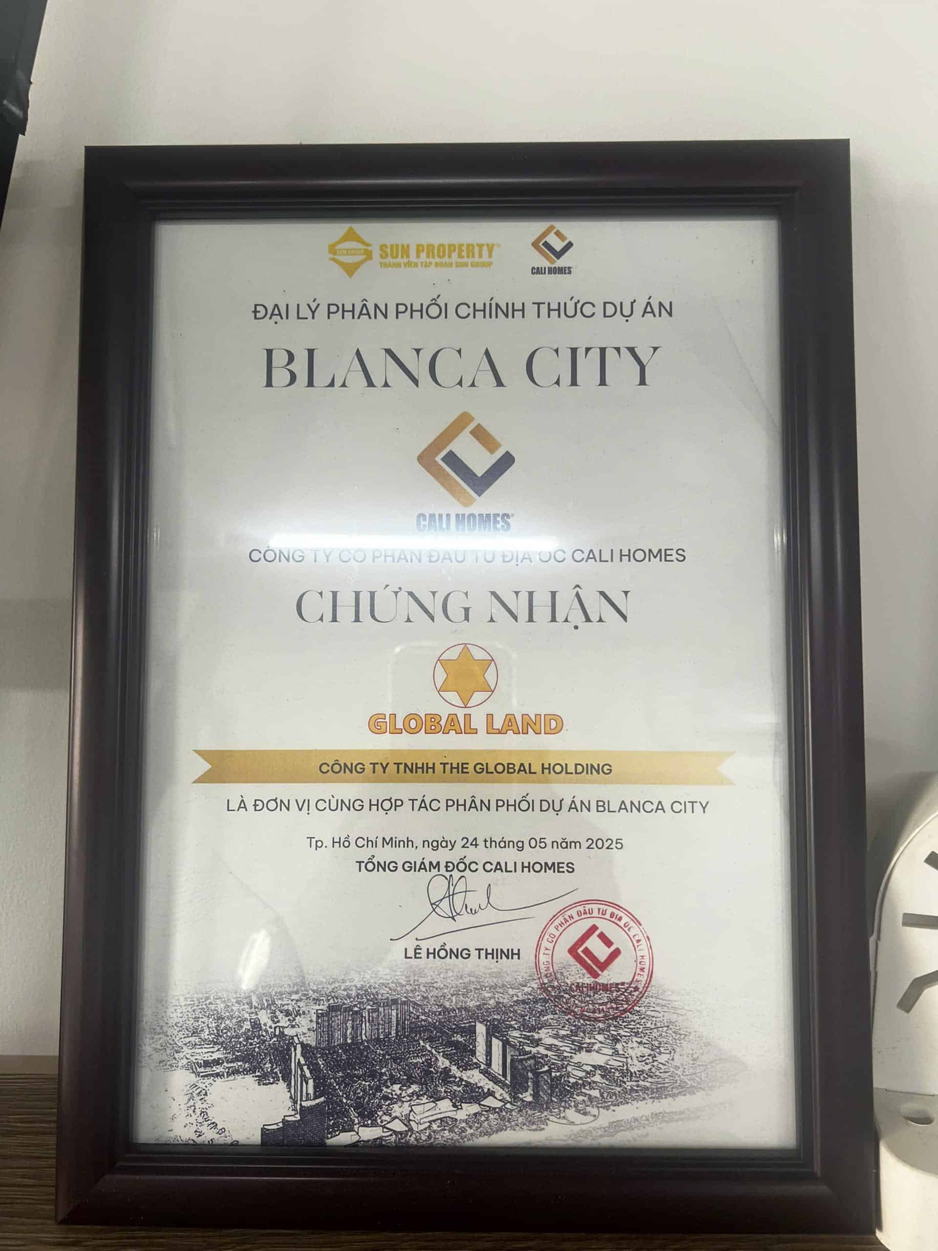 Giấy chứng nhận The Global Holding là đại lý phân phối dự án Balanca City