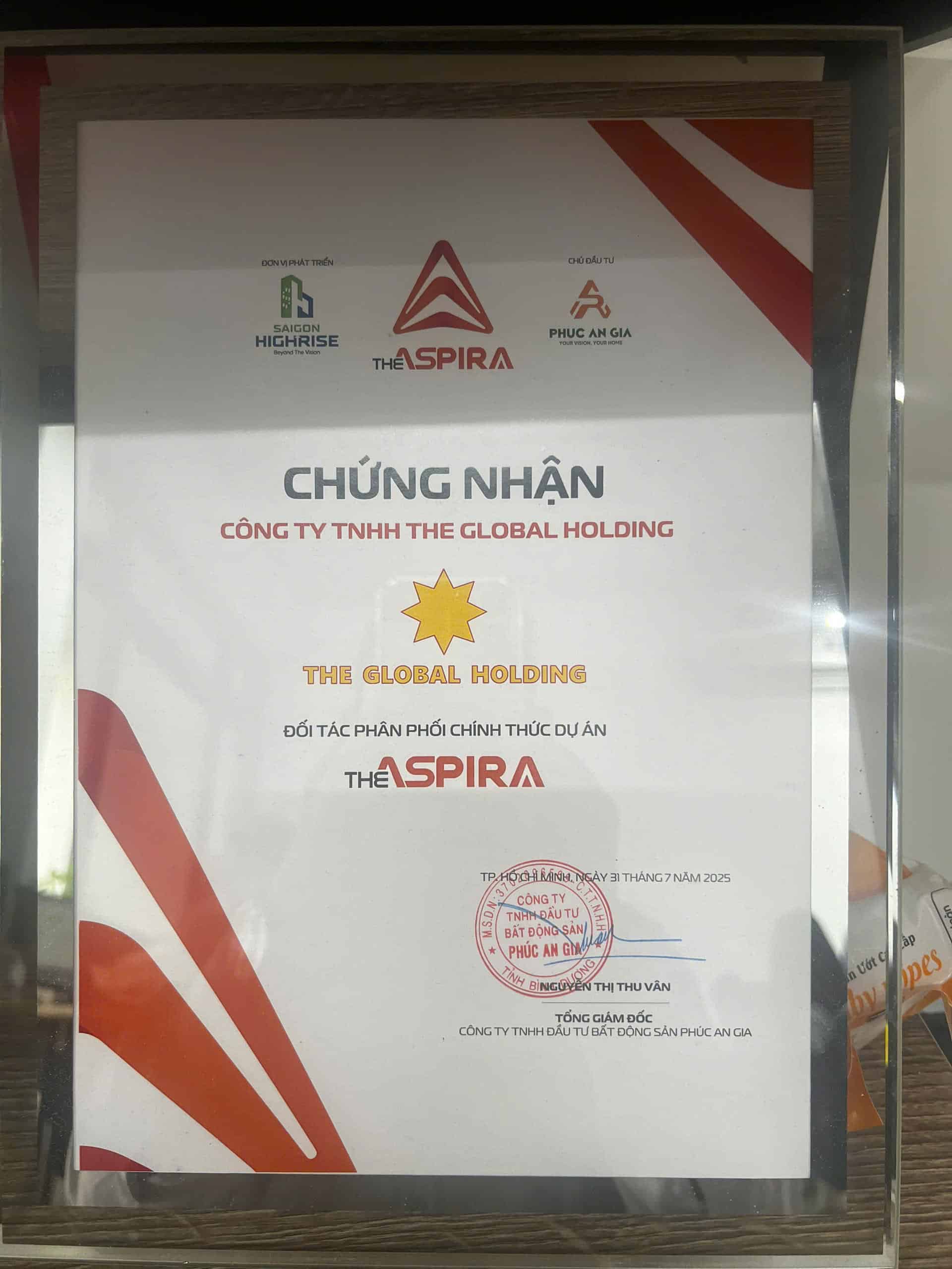 Giấy chứng nhận The Global Holding là đại lý phân phối dự án The Aspira