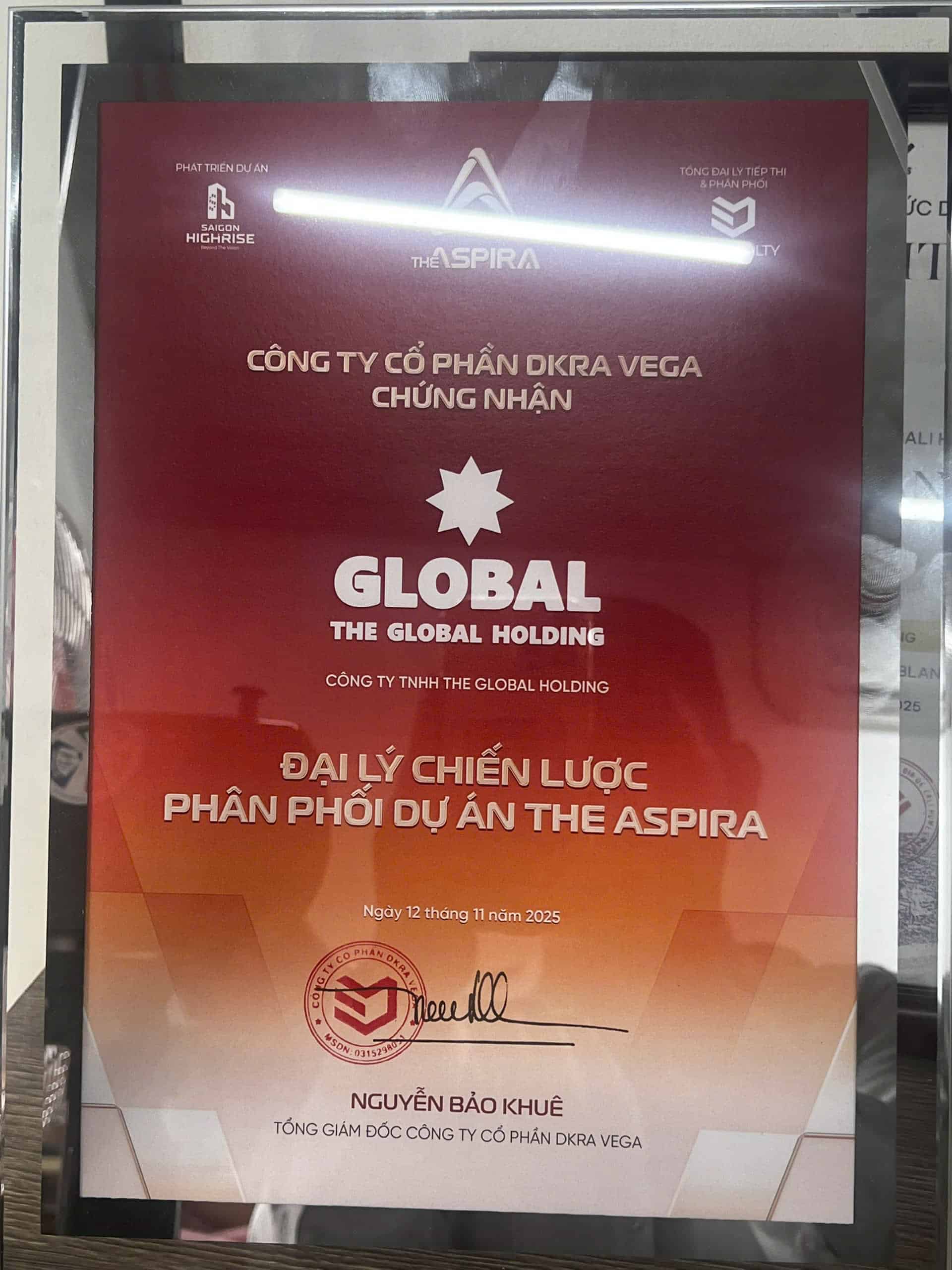 Giấy chứng nhận The Global Holding là đại lý phân phối chiến lượt dự án The Aspira