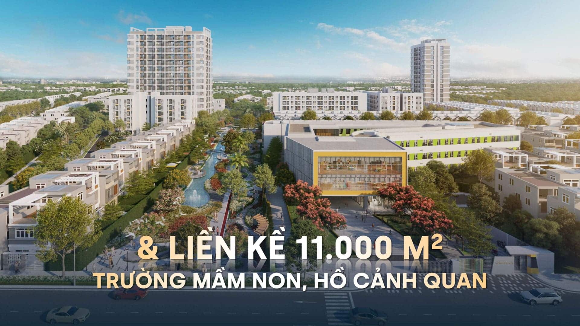 Hồ cảnh quan liền kề trường mầm non tại MT Eastmark City tạo nên không gian xanh mát, hỗ trợ trẻ học tập – vận động – khám phá thiên nhiên ngay trong khuôn viên nội khu.