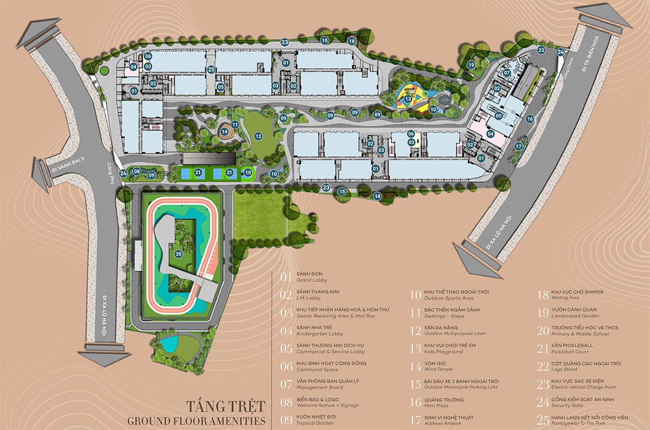 Mặt bằng bố trí tiện ích tại tầng trệt Mặt bằng dự án căn hộ chung cư The Gió Riverside Bình Dương chủ đầu tư An Gia