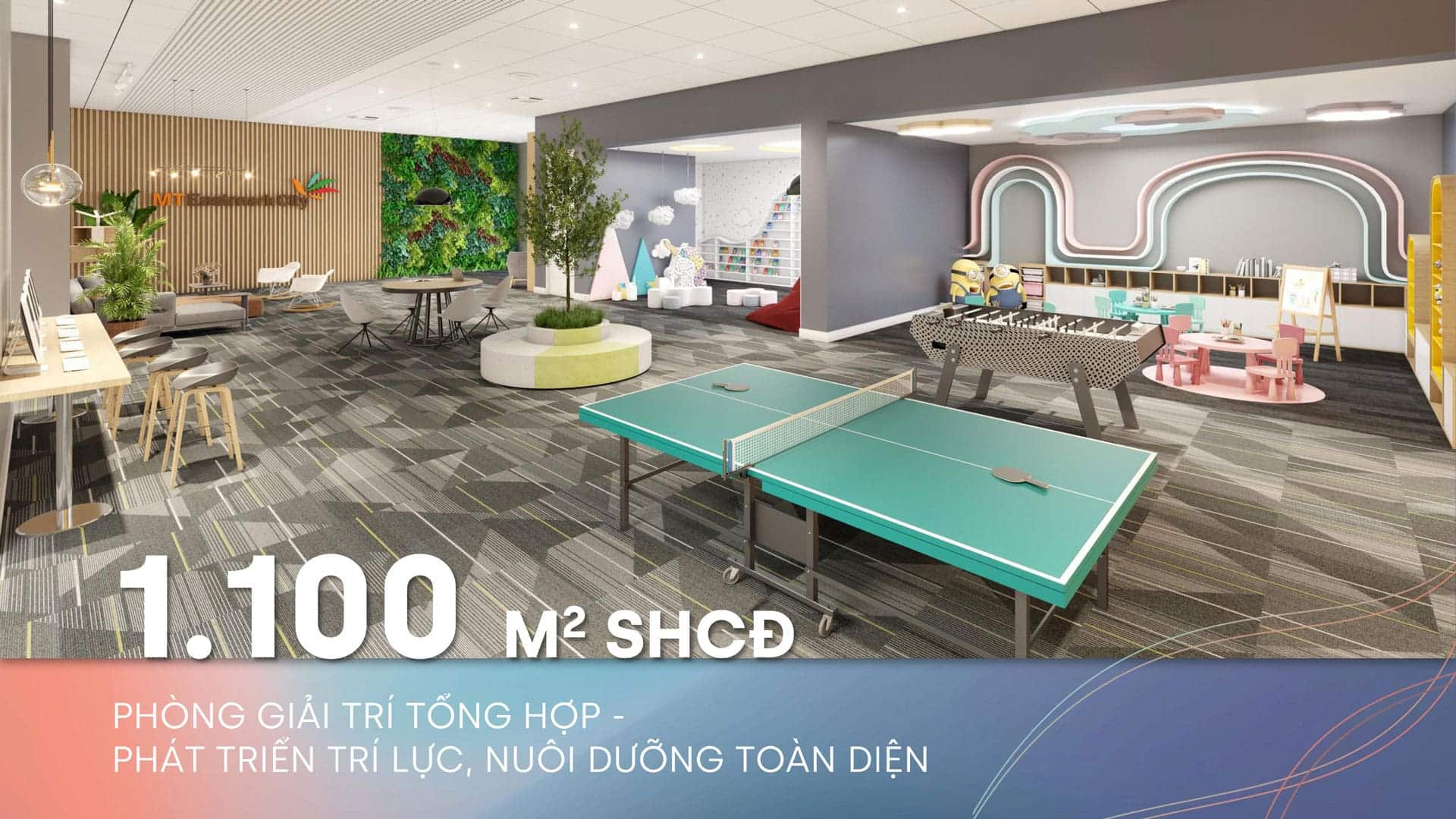 Phòng giải trí tổng hợp 1.100m² tại MT Eastmark City tích hợp game, thư viện, khu sáng tạo và không gian thư giãn, mang đến trải nghiệm giải trí đa dạng cho mọi độ tuổi cư dân.