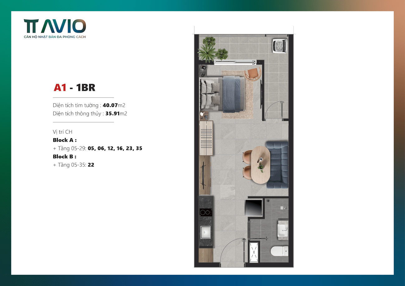 Layout thiết kế căn hộ 1 phòng ngủ TT Aivo Dĩ An điển hình