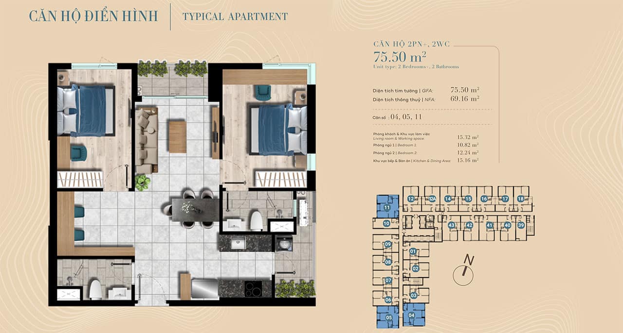 Thiết kế dự án căn hộ chung cư The Gió Riverside loại 2 phòng ngủ 75,50 m2 Thiết kế dự án căn hộ chung cư The Gió Riverside Bình Dương chủ đầu tư An Gia