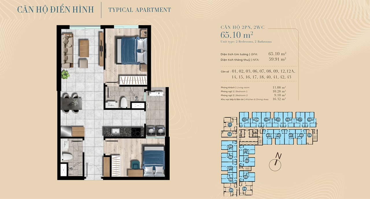 Thiết kế dự án căn hộ chung cư The Gió Riverside loại 2 phòng ngủ 65,10 m2 Thiết kế dự án căn hộ chung cư The Gió Riverside Bình Dương chủ đầu tư An Gia