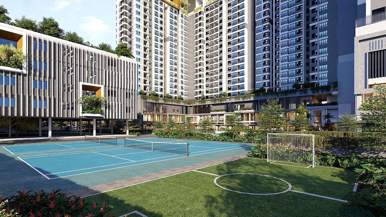 Không gian sân tenis và khu vui chơi thể thao ngoài trời Tiện ích dự án căn hộ chung cư The Gió Riverside Bình Dương chủ đầu tư An Gia